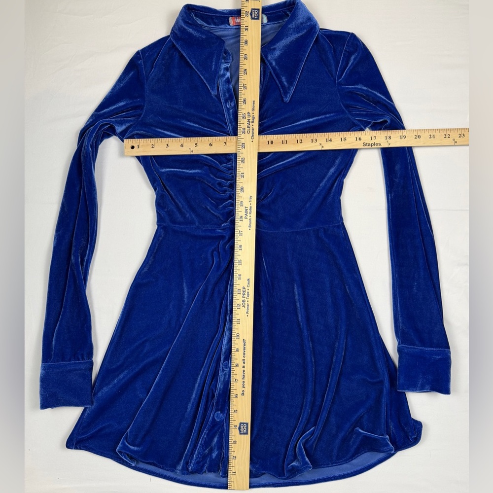 Urban Outfitters Blue Velvet Button Down Shirt Dress Y2K Long Sleeve Small EUC - Picture 5 of 10
